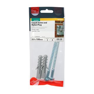 8.0 X 100mm Coach Screw & Nylon Plugs MINI PACK (2 Per Pk) 08100CSCNP