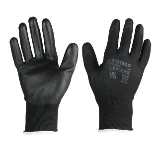 Timco Durable Grip Gloves Black PU Coated PK12 (LARGE) 770324